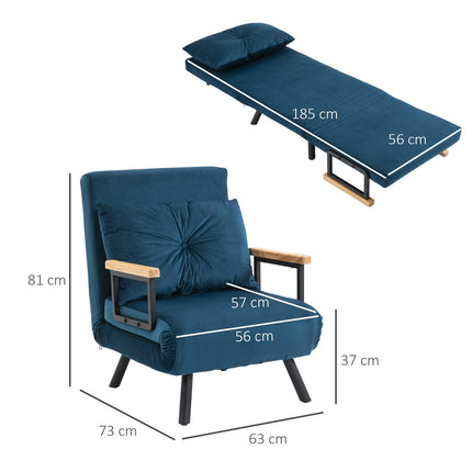 Blue Velvet Sofa Bed - Adjustable backrest, 63x73x81cm