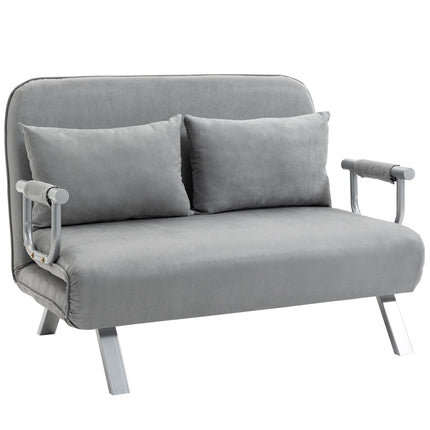 Adjustable light gray two-seater sofa bed with cushions
