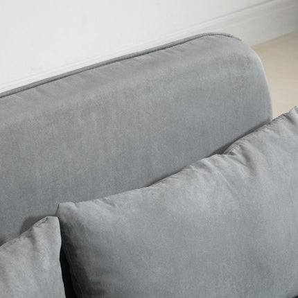 Adjustable light gray two-seater sofa bed with cushions
