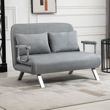 Adjustable light gray two-seater sofa bed with cushions