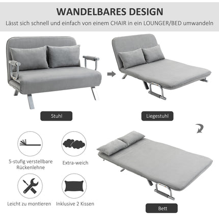 Adjustable light gray two-seater sofa bed with cushions