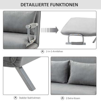 Adjustable light gray two-seater sofa bed with cushions