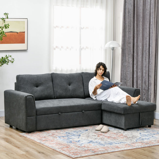 Slaapbank met chaise longue, 3-zits, donkergrijs