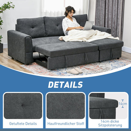 Sofa Bed with Chaise, 3-Seater, Dark Gray