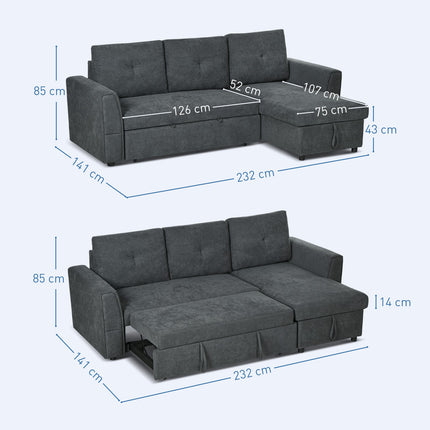 Sofa Bed with Chaise, 3-Seater, Dark Gray