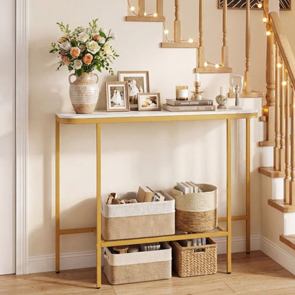 Sofa Console Table, Faux Marble Top, Metal Frame, 110 cm