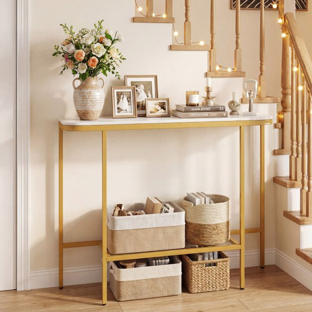 Sofa Console Table, Faux Marble Top, Metal Frame, 110 cm