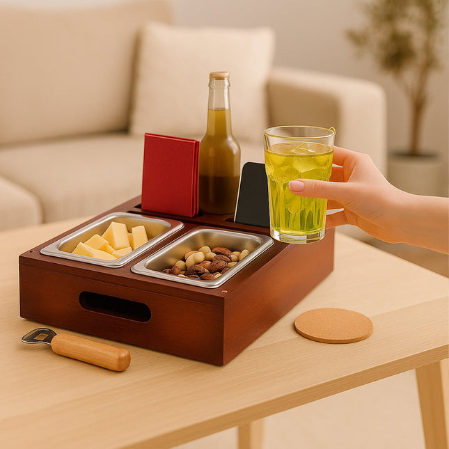 Snackschaal voor op de bank met onderzetters en bekerhouders