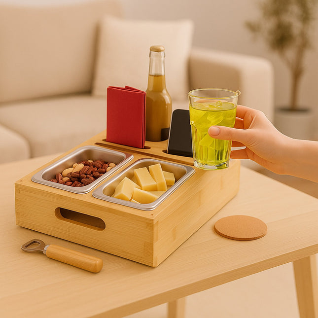 Sofa Snack Tray with Coasters and Phone Holder