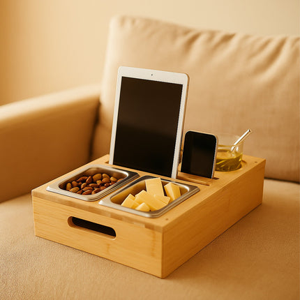 Sofa Snack Tray with Coasters and Phone Holder