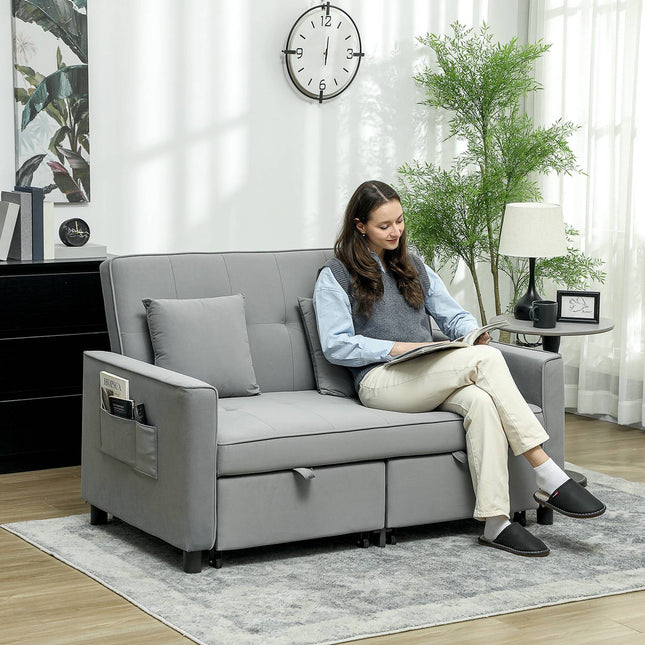 Slaapbank, 2-zitsbank met slaapfunctie, verstelbare rugleuning, bank met kussens, fluwelen look, L-vormige slaapbank met bedbox, wielen voor woonkamer, logeerkamer, grijs | Aosoom