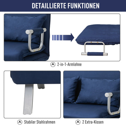 2-seater sofa bed in velvet look, blue upholstery, adjustable back