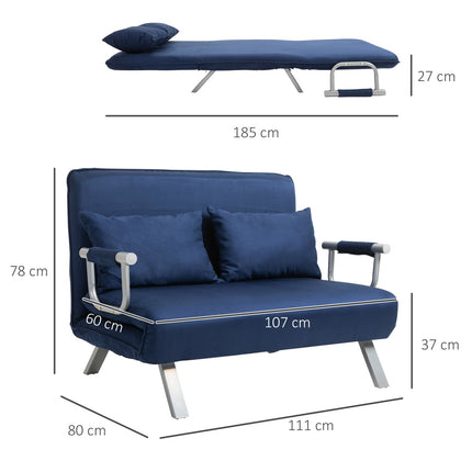 2-seater sofa bed in velvet look, blue upholstery, adjustable back