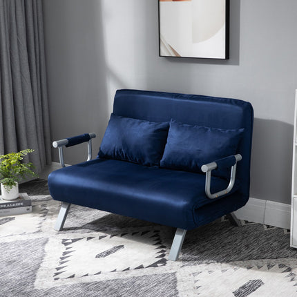 2-seater sofa bed in velvet look, blue upholstery, adjustable back