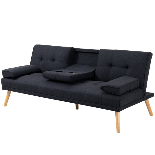 Slaapbank, 3-zits slaapbank met klaptafel, bekerhouder, slaapbank met linnenlook, in Scandi-design, draagvermogen tot 250 kg, voor woonkamer, grijs