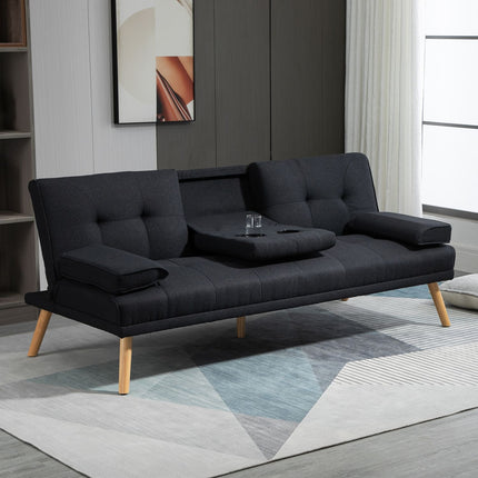 Sofa bed, 3-seater with folding table & cup holder, grey