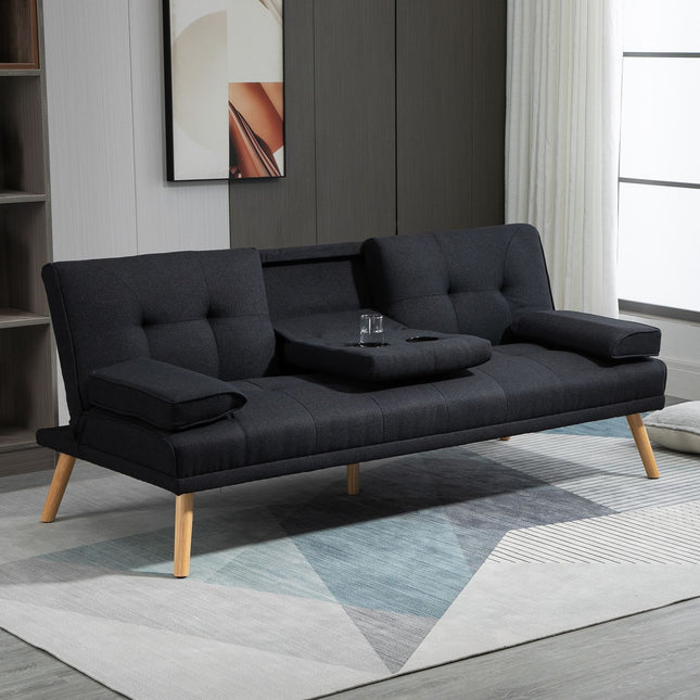 Slaapbank, 3-zits slaapbank met klaptafel, bekerhouder, slaapbank met linnenlook, in Scandi-design, draagvermogen tot 250 kg, voor woonkamer, grijs
