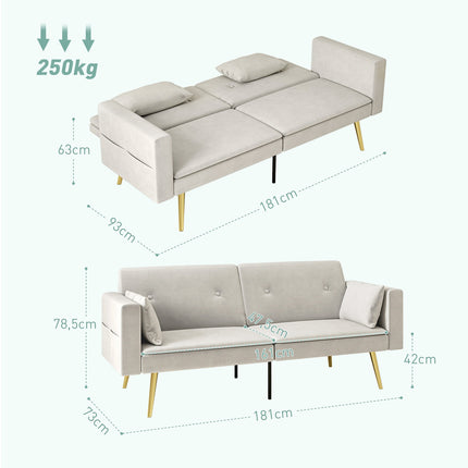 Beige sofa bed, 2-seater with adjustable backrest & pocket