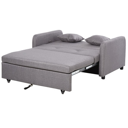 Sofa bed with gray linen look, storage and wheels, 2-seater