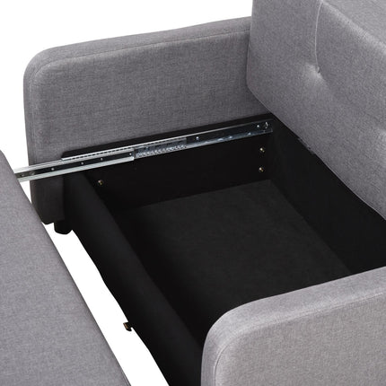 Sofa bed with gray linen look, storage and wheels, 2-seater