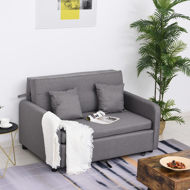 Sofa bed with gray linen look, storage and wheels, 2-seater