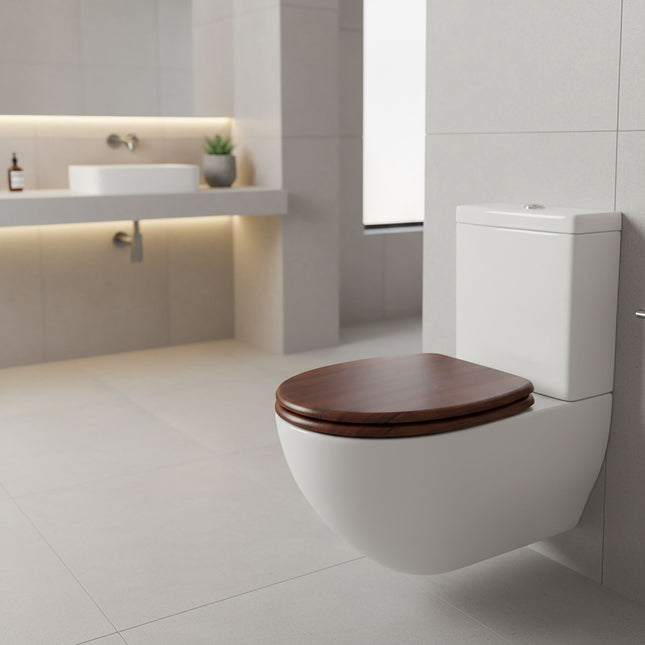 Toiletbril van MDF met softclose-systeem en verstelbare scharnieren.