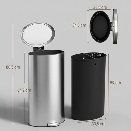 Soft-Close Pedal Bin 30 L with Removable Inner Bucket, Silver, Stay-Open Lid