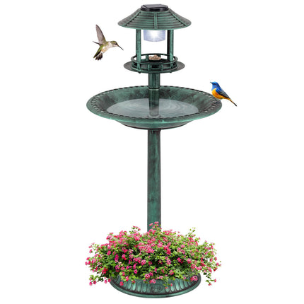 Solar Bird Bath with Feeder & Planter – LED Light, Green