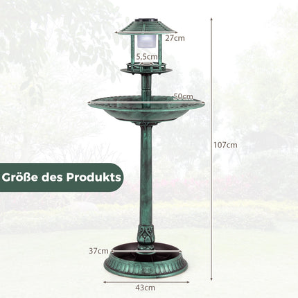 Solar Bird Bath with Feeder & Planter – LED Light, Green