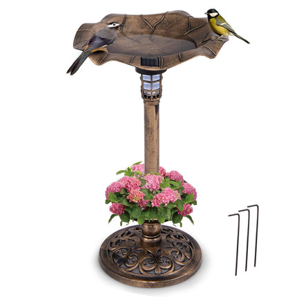 Solar Bird Bath with LED Light, Feeder & Planter, Bronze, Ø43x76cm