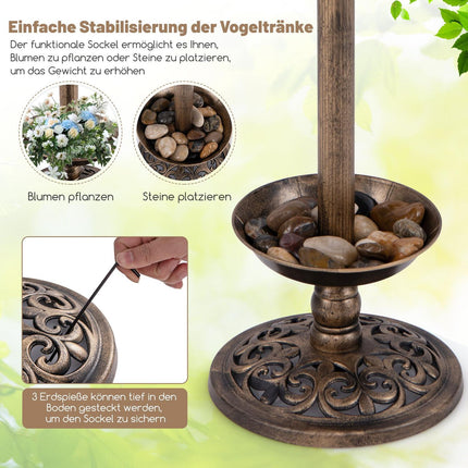 Solar Bird Bath with LED Light, Feeder & Planter, Bronze, Ø43x76cm
