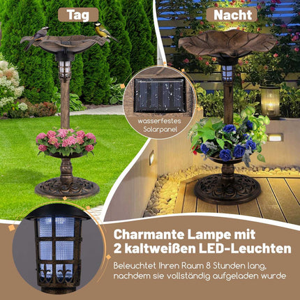 Solar Bird Bath with LED Light, Feeder & Planter, Bronze, Ø43x76cm