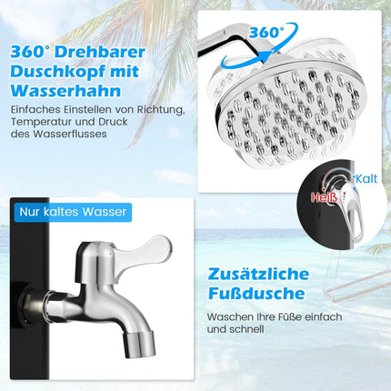 Solar-Heated Outdoor Shower, 60L, 360° Head, Black