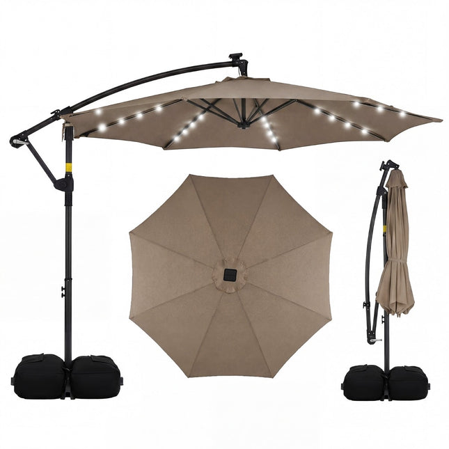 Solar LED Cantilever Umbrella, 360 Rotating, Brown, 300x240 cm