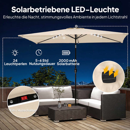 Solar LED Patio Umbrella, Cream, UPF 30+, Tilt & Crank