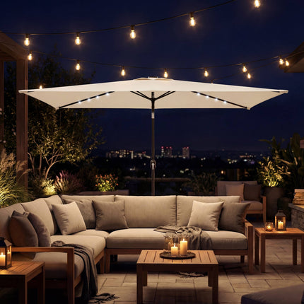 Solar LED Patio Umbrella, Cream, UPF 30+, Tilt & Crank