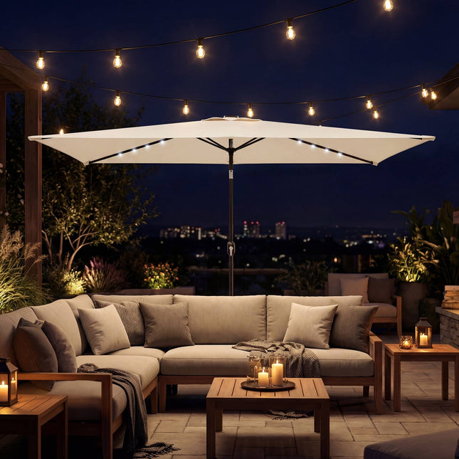 Solar LED Patio Umbrella, Cream, UPF 30+, Tilt & Crank