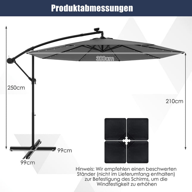 Solar-Powered Cantilever Umbrella, 300 cm, 40 LED Lights, Grey