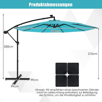 Solar-Powered Patio Umbrella with LED Lights, 300cm, Turquoise