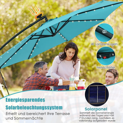 Solar-Powered Patio Umbrella with LED Lights, 300cm, Turquoise