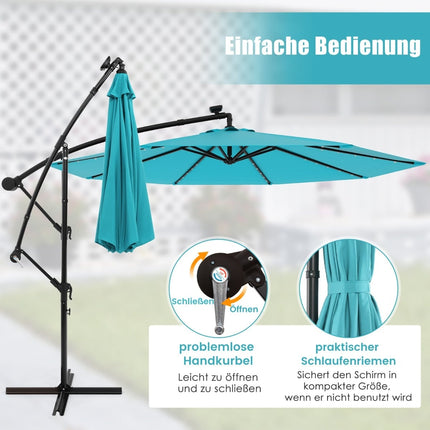 Solar-Powered Patio Umbrella with LED Lights, 300cm, Turquoise
