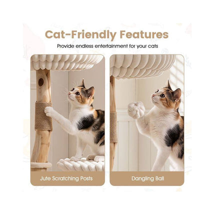 Solid Wood Cat Tree with Real Branches and Scratching Posts, 41 Inch, Beige