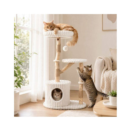 Solid Wood Cat Tree with Real Branches and Scratching Posts, 41 Inch, Beige