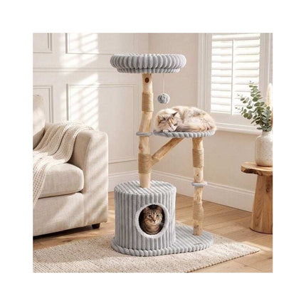 Solid Wood Cat Tree with Real Branches and Scratching Posts, 41 Inch, Grey