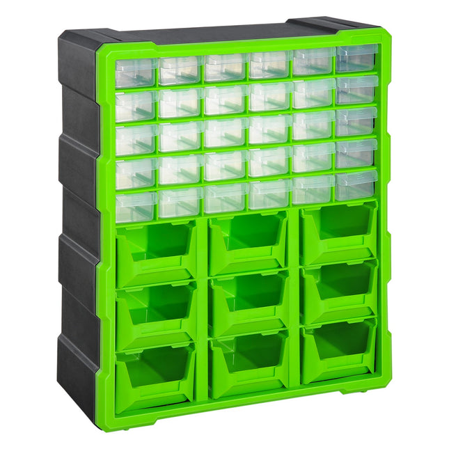 Storage box for small parts, 39 compartments, green