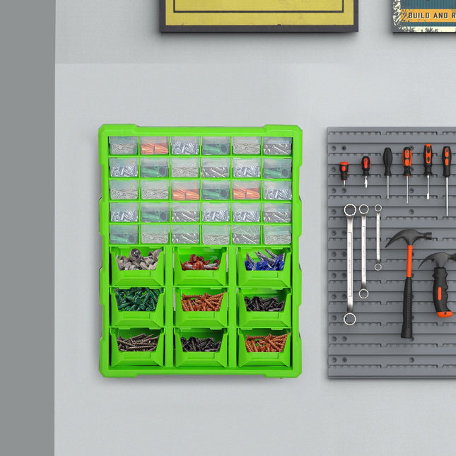 Storage box for small parts, 39 compartments, green