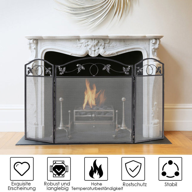 Spark protection grille with sturdy metal frame, 3-part foldable fireplace grille, black