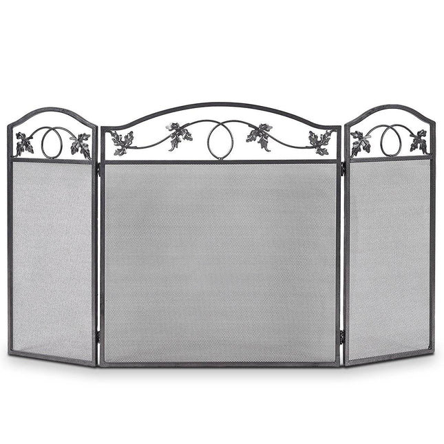 Spark protection grille with sturdy metal frame, 3-part foldable fireplace grille, black