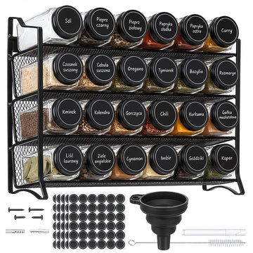 Spice Rack Organiser with 28 Glass Jars and 4 Tiers, Wall-Mountable, Black