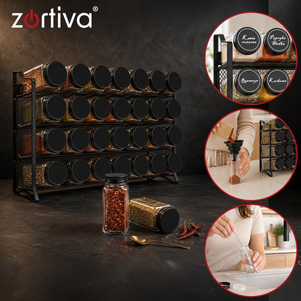 Spice Rack Organiser with 28 Glass Jars and 4 Tiers, Wall-Mountable, Black